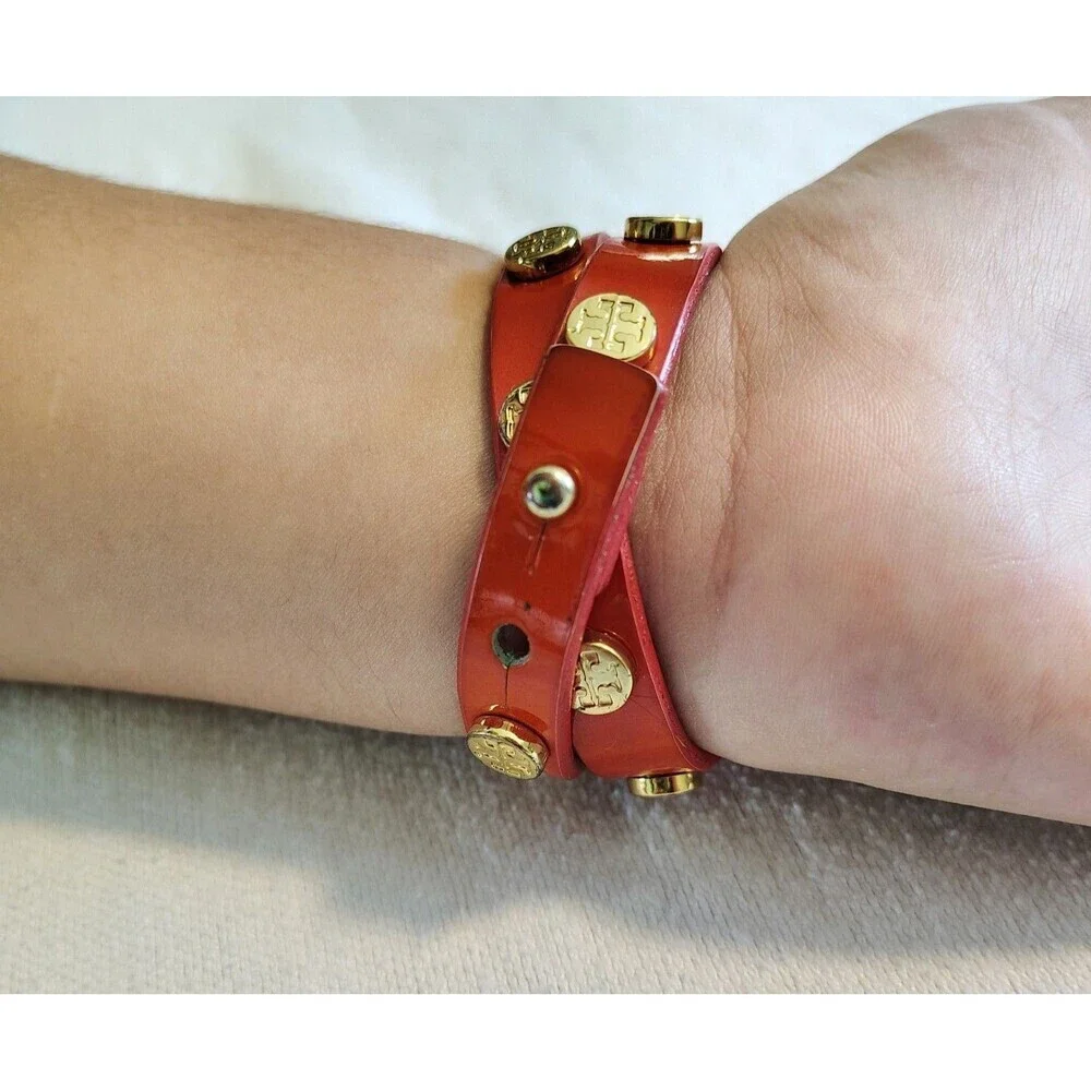 Tory Burch Orange Double Wrap Leather Gold Tone Brass Logo Stud Bracelet